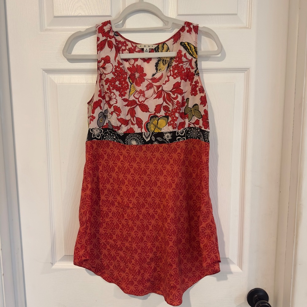 Cabi 948 Womens Silk Floral Butterfly Mixed Print Sleeveless Top Red Small